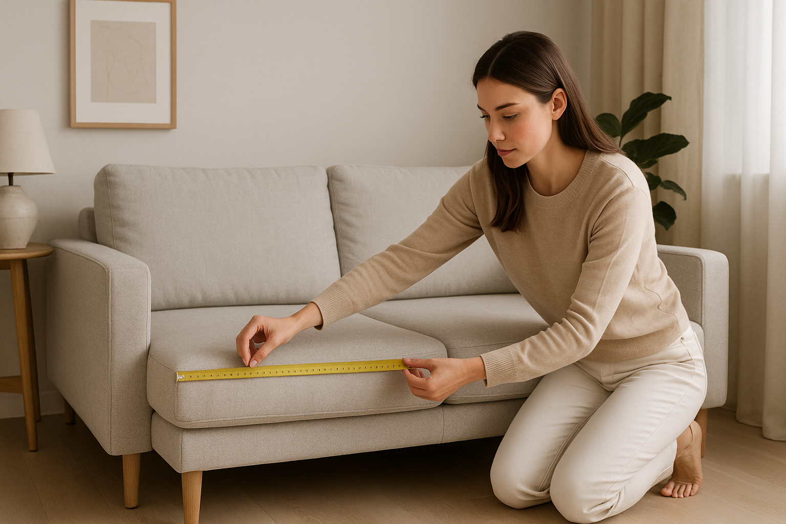 Femme mesurant un canapé beige avec un mètre ruban pour choisir une housse de canapé adaptée dans un salon moderne