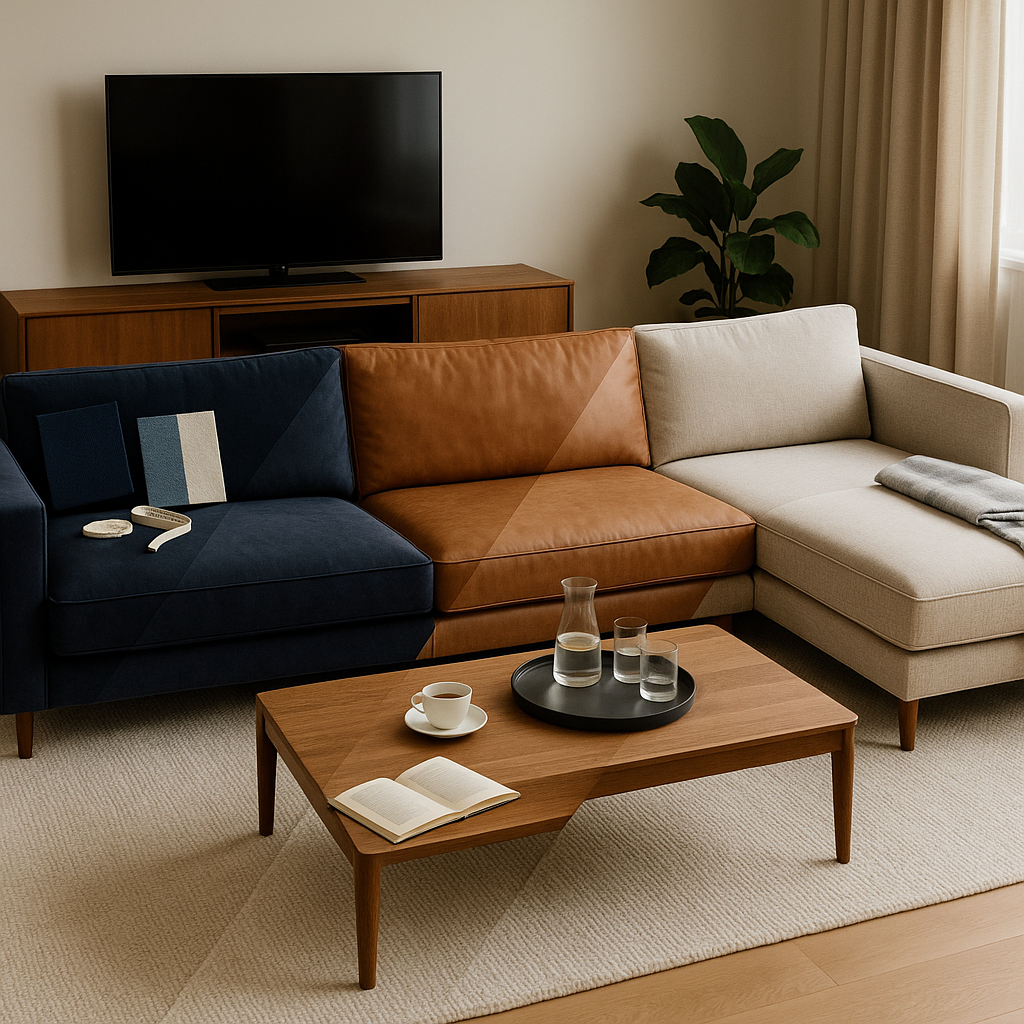 Canapé d’angle moderne en tissu et cuir tricolore dans un salon design avec table basse en bois et décoration minimaliste