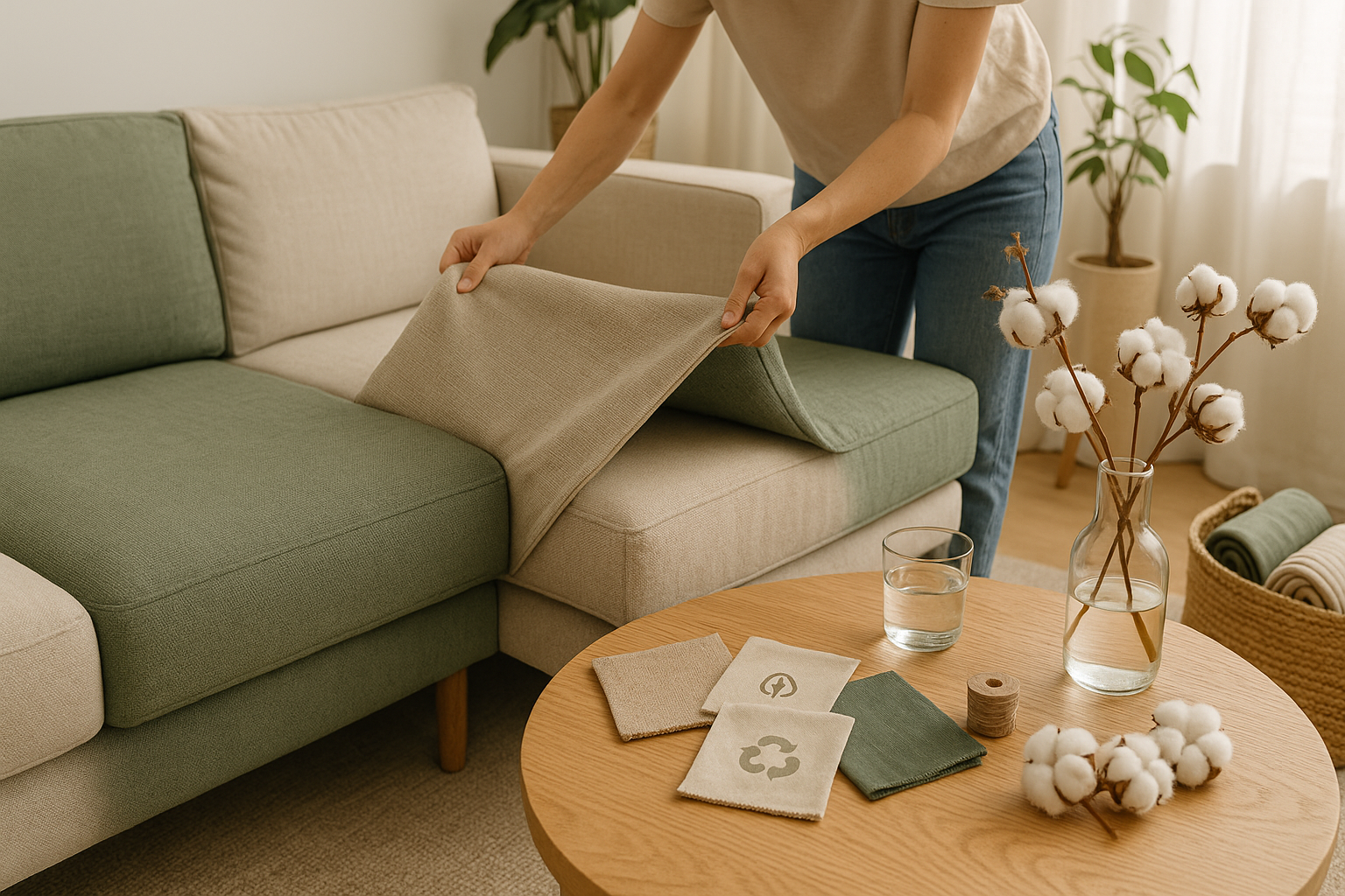Personne changeant une housse de canapé écologique en coton recyclé dans un salon minimaliste, mettant en avant un mobilier durable et responsable