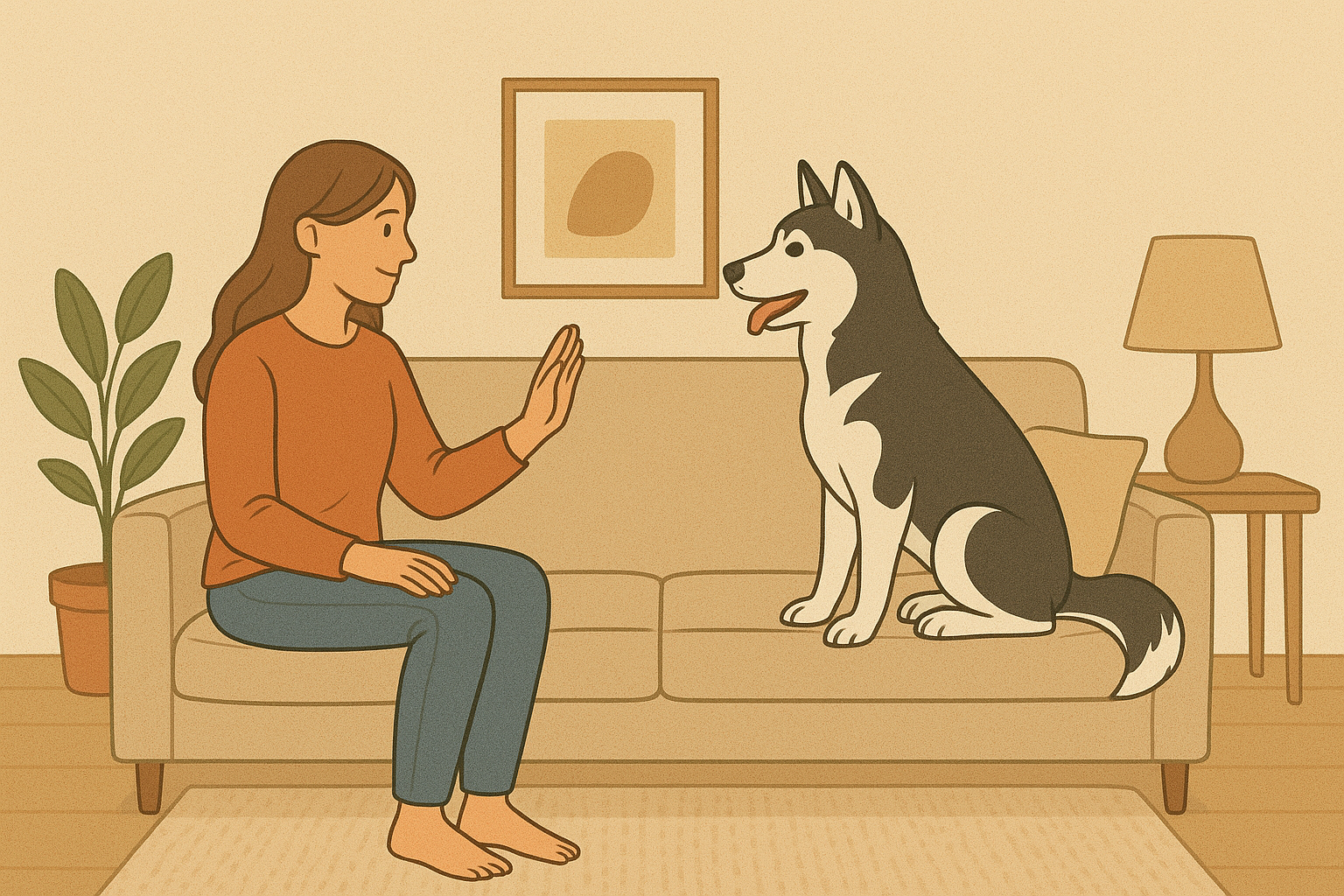 Femme assise sur un canapé beige face à son chien husky, illustrant l’importance des housses de canapé et de l’éducation canine pour un salon harmonieux.