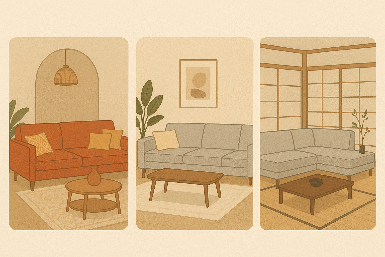 Comparaison de trois salons avec canapés d’angle : style marocain chaleureux avec canapé rouge, style scandinave épuré avec canapé gris clair, et style japonais minimaliste avec canapé gris et panneaux en bois.