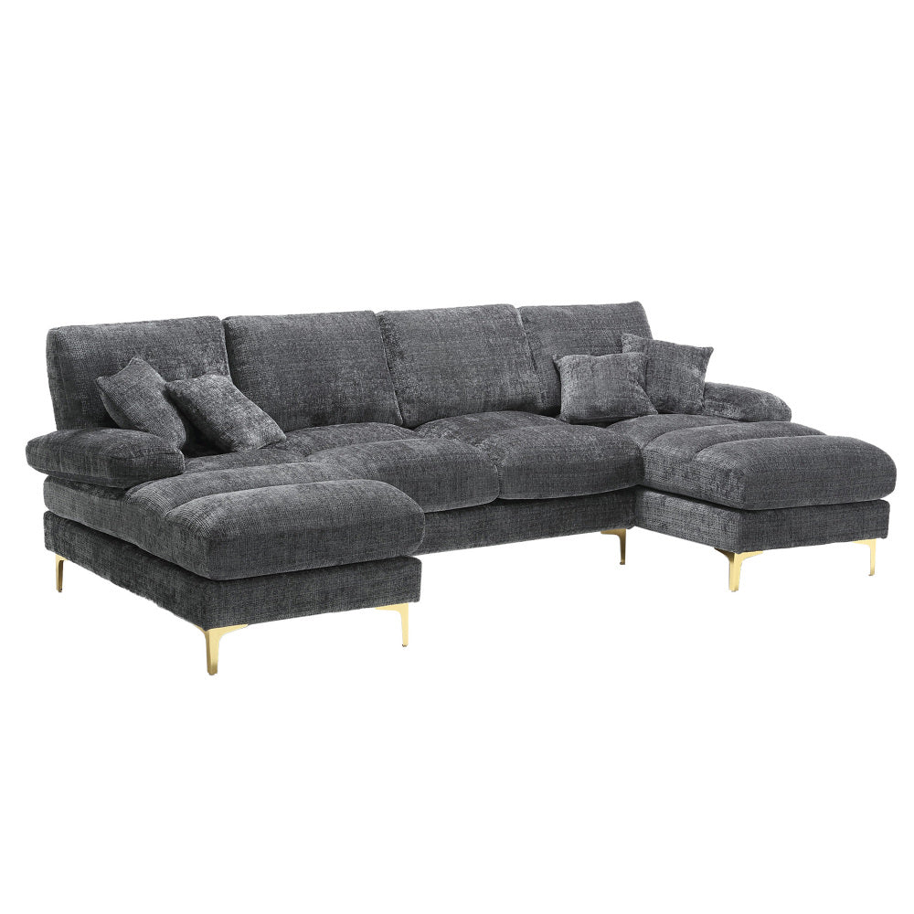 Canapé Luxe U-Shape Grand Format en Chenille Noire – Ligne Prestige