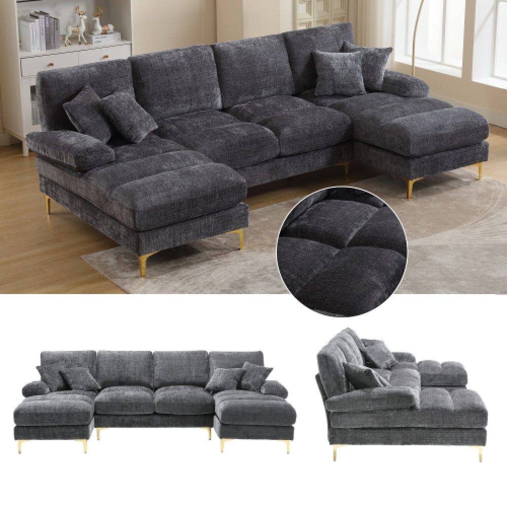 Canapé Luxe U-Shape Grand Format en Chenille Noire – Ligne Prestige