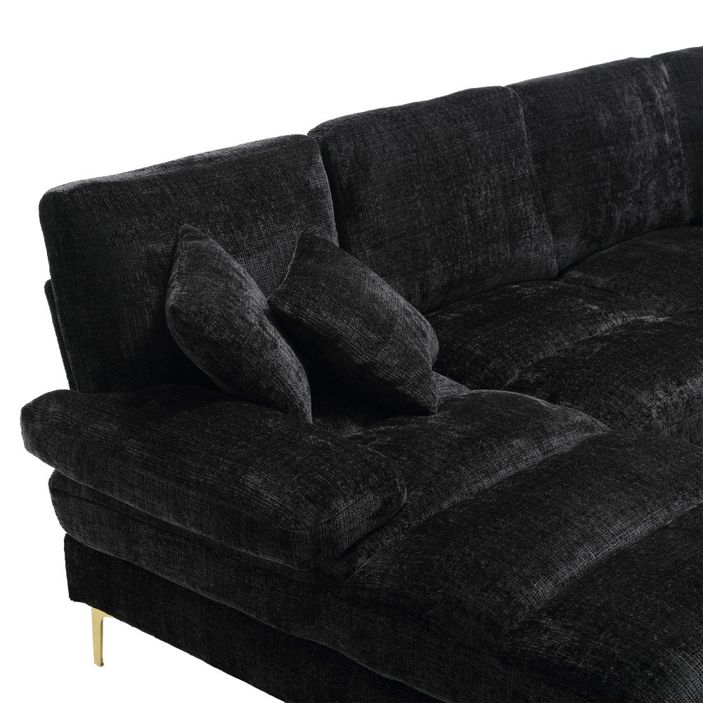 Canapé Luxe U-Shape Grand Format en Chenille Noire – Ligne Prestige