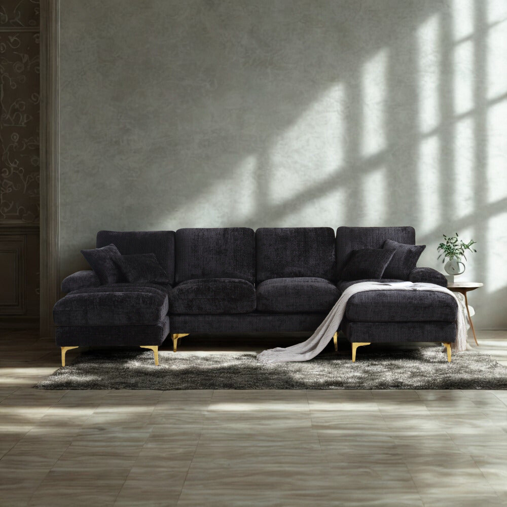 Canapé Luxe U-Shape Grand Format en Chenille Noire – Ligne Prestige