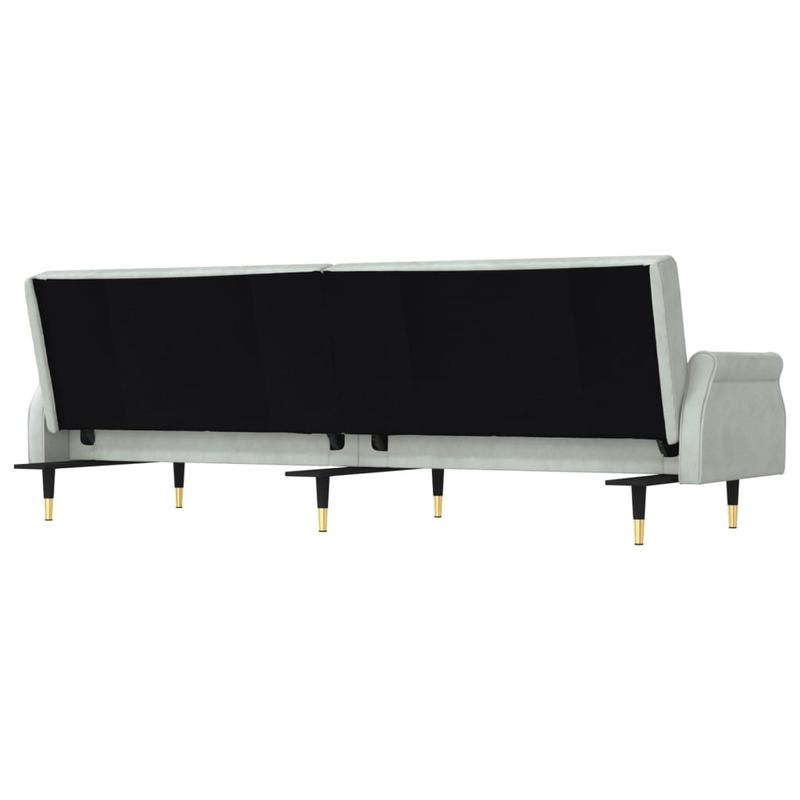 Canapé-lit en velours gris clair – avec accoudoirs Chesterfield & 2 coussins cylindriques