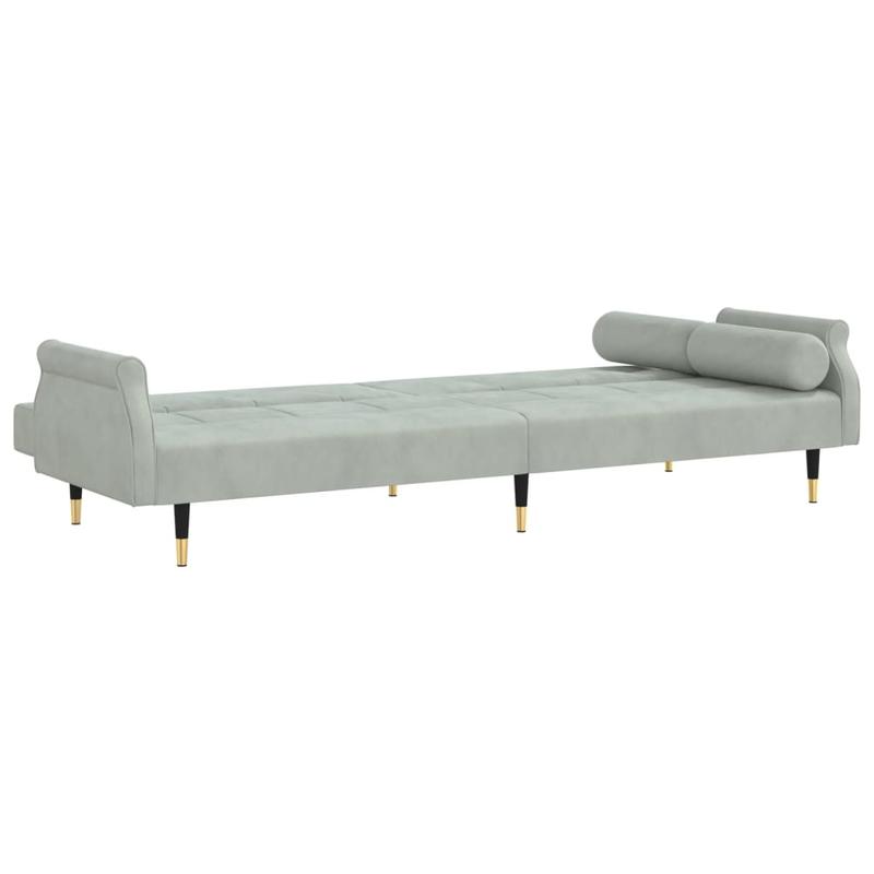 Canapé-lit en velours gris clair – avec accoudoirs Chesterfield & 2 coussins cylindriques