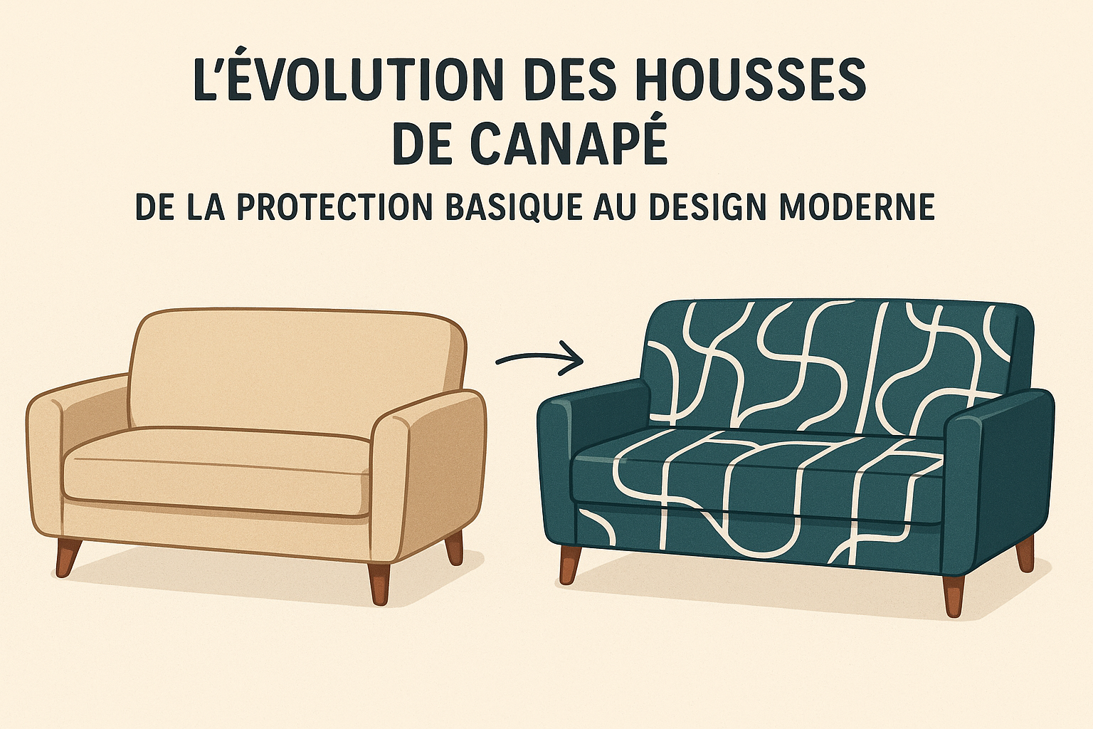 Illustration de l’évolution des housses de canapé : d’un modèle simple beige à une housse design moderne avec motifs géométriques.