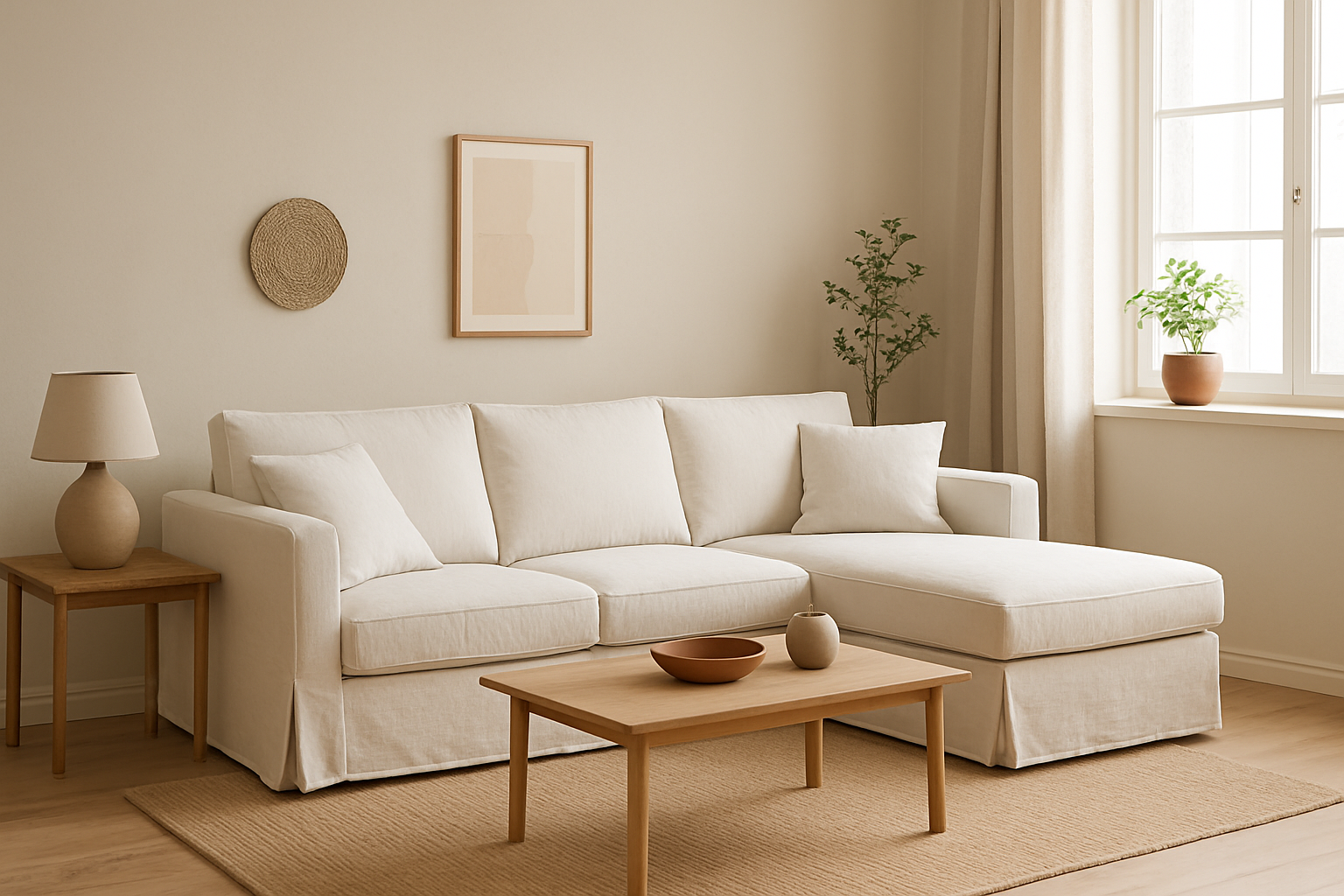 Salon minimaliste avec canapé d’angle blanc habillé d’une housse claire, table basse en bois et lumière naturelle, illustrant l’impact des housses claires sur la perception de l’espace.