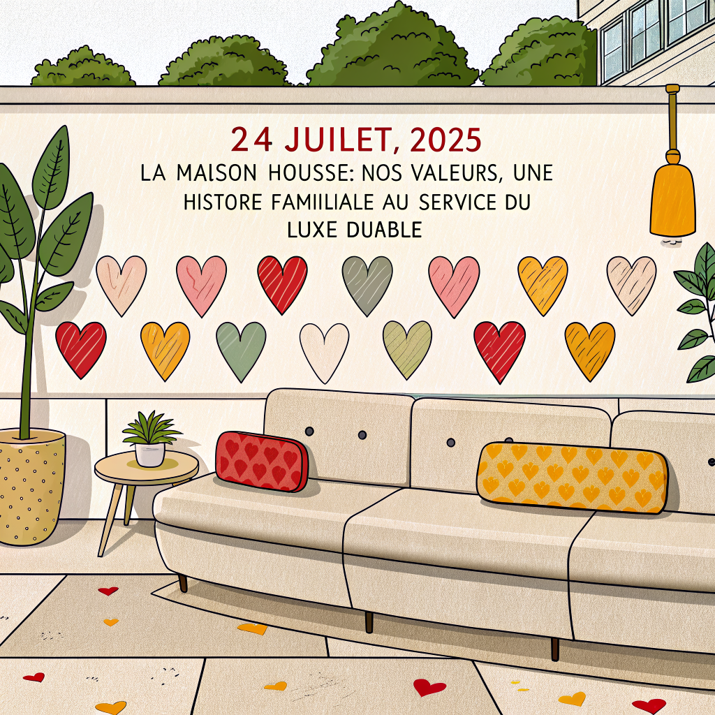 Salon moderne avec canapé beige et coussins décoratifs, mur orné de cœurs colorés, illustrant un article sur la durabilité et l’art de prolonger la vie du canapé entre tradition française et innovation.