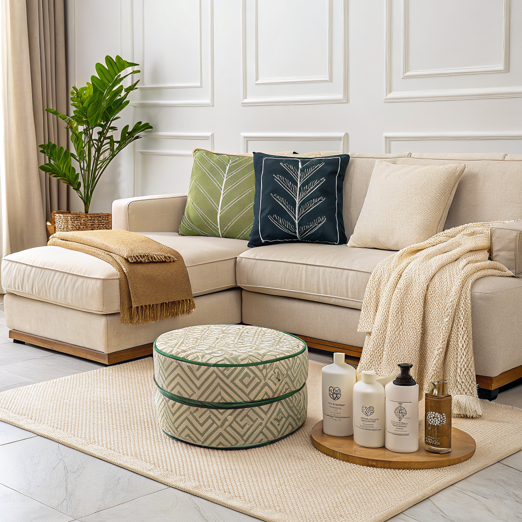 Les essentiels signés.  Pour tous les accessoires (coussins, repose-pieds, plaids, etc.)