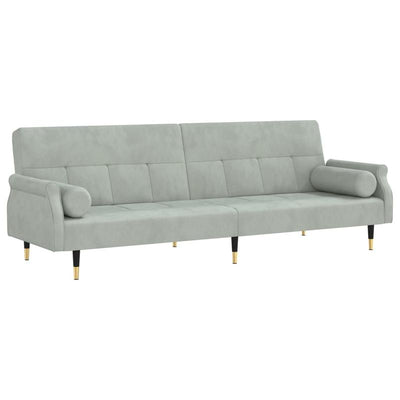 Canapé-lit en velours gris clair – avec accoudoirs Chesterfield & 2 coussins cylindriques