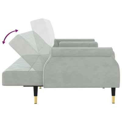 Canapé-lit en velours gris clair – avec accoudoirs Chesterfield & 2 coussins cylindriques