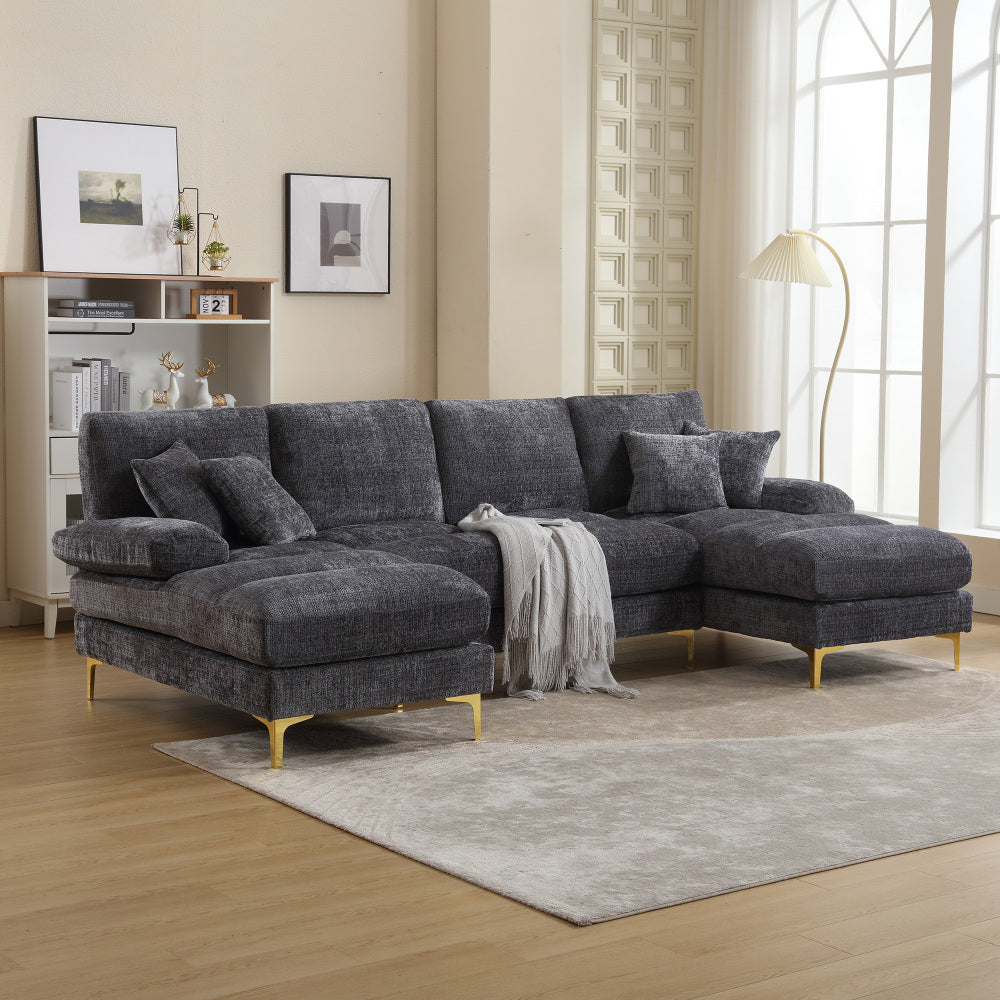 Canapé Luxe U-Shape Grand Format en Chenille Noire – Ligne Prestige