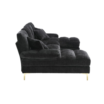 Canapé Luxe U-Shape Grand Format en Chenille Noire – Ligne Prestige