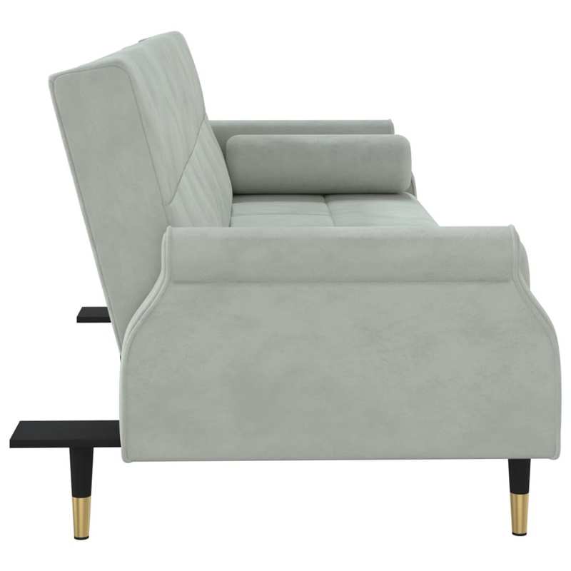 Canapé-lit en velours gris clair – avec accoudoirs Chesterfield & 2 coussins cylindriques