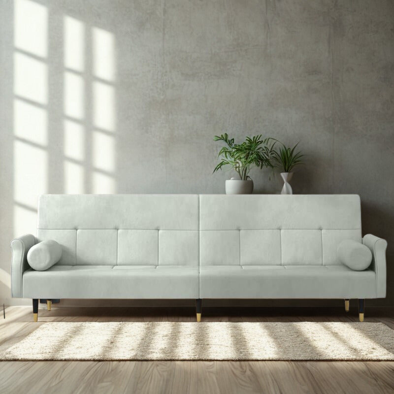 Canapé-lit en velours gris clair – avec accoudoirs Chesterfield & 2 coussins cylindriques