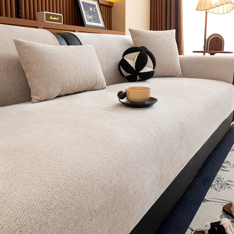 Housse de Canapé Luxe en Chenille Sergé - Minimalisme Texturé, Élégance Architecturale