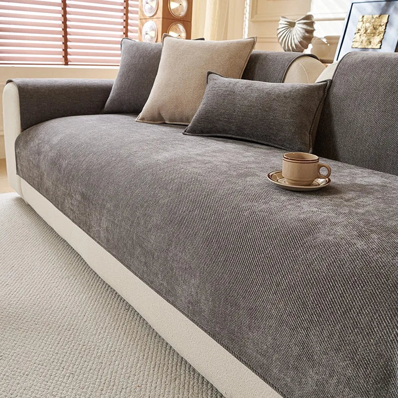 Housse de Canapé Luxe en Chenille Sergé - Minimalisme Texturé, Élégance Architecturale