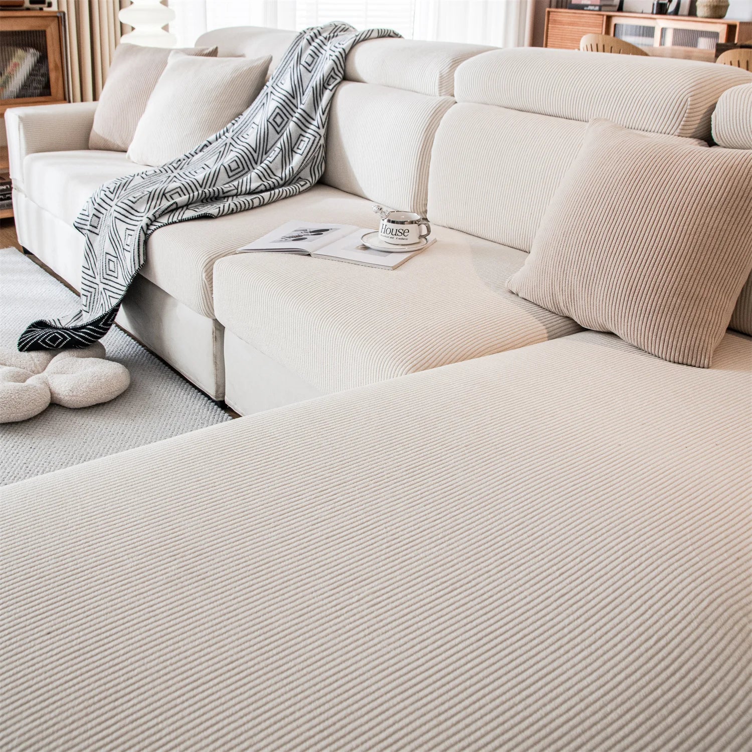 Housse de Coussin de Siège Extensible – Jacquard Rayé Lavable pour Canapé (Enfants & Animaux)