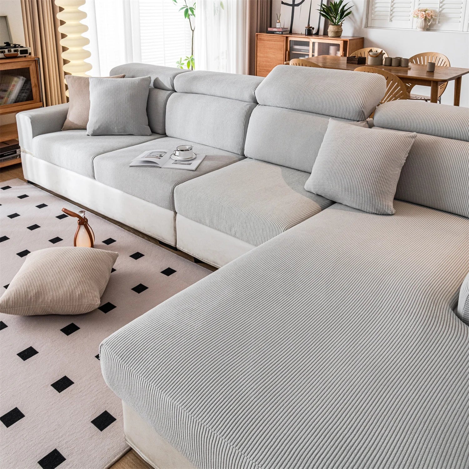Housse de Coussin de Siège Extensible – Jacquard Rayé Lavable pour Canapé (Enfants & Animaux)