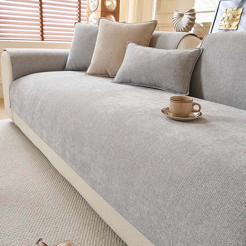 Housse de Canapé Luxe en Chenille Sergé - Minimalisme Texturé, Élégance Architecturale
