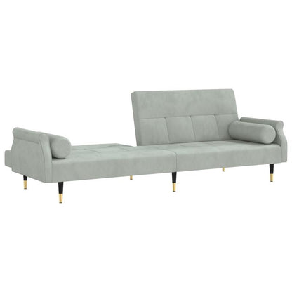 Canapé-lit en velours gris clair – avec accoudoirs Chesterfield & 2 coussins cylindriques