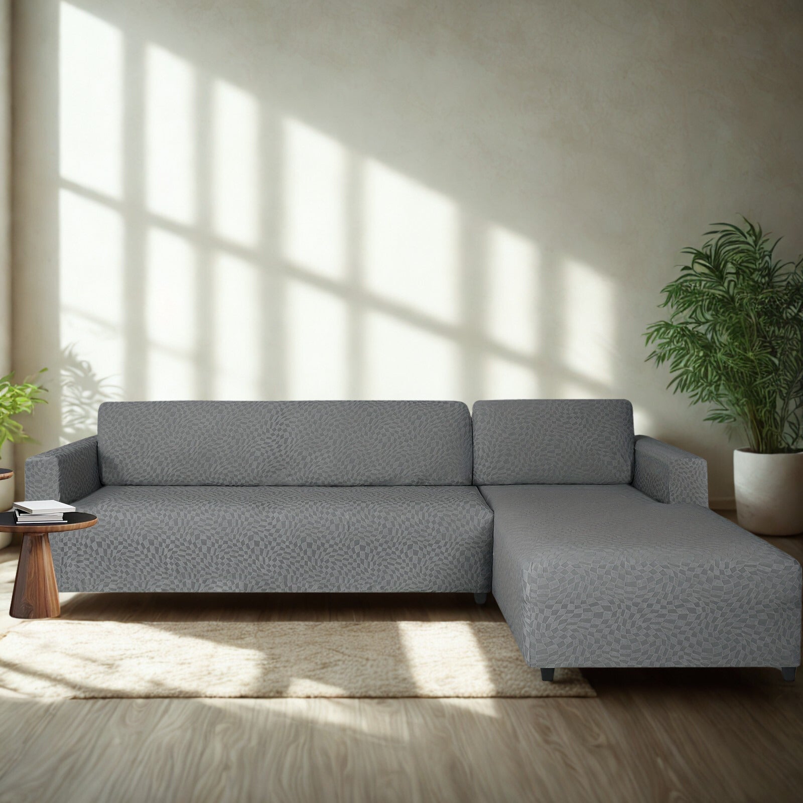 Housse extensible pour canapé d’angle en velours pêche