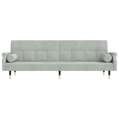 Canapé-lit en velours gris clair – avec accoudoirs Chesterfield & 2 coussins cylindriques