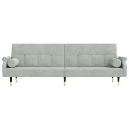 Canapé-lit en velours gris clair – avec accoudoirs Chesterfield & 2 coussins cylindriques