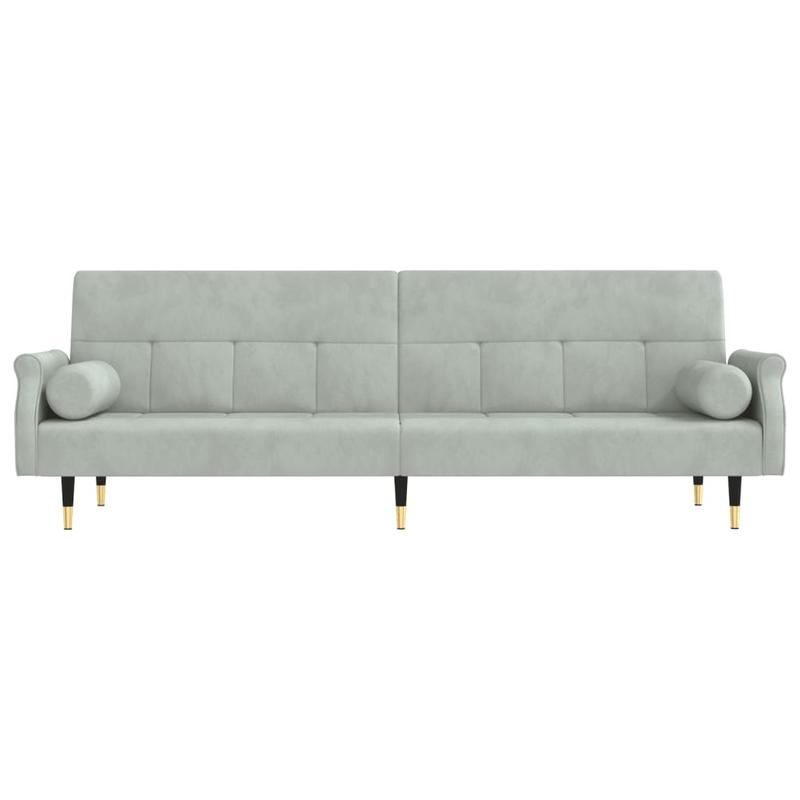 Canapé-lit en velours gris clair – avec accoudoirs Chesterfield & 2 coussins cylindriques