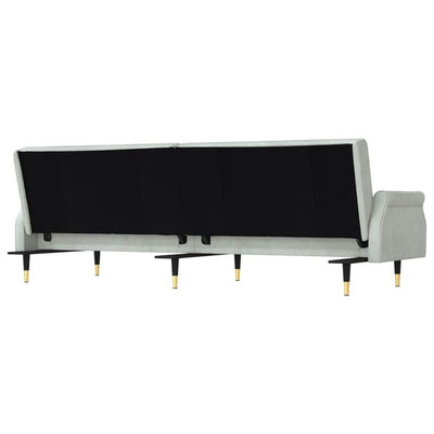 Canapé-lit en velours gris clair – avec accoudoirs Chesterfield & 2 coussins cylindriques