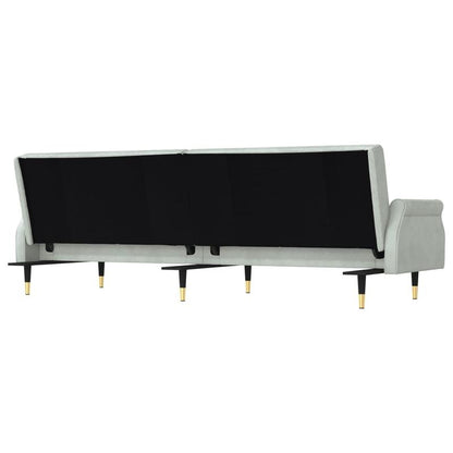 Canapé-lit en velours gris clair – avec accoudoirs Chesterfield & 2 coussins cylindriques