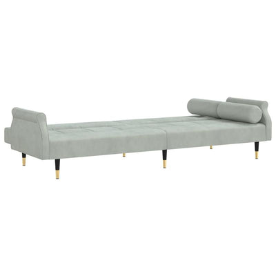 Canapé-lit en velours gris clair – avec accoudoirs Chesterfield & 2 coussins cylindriques